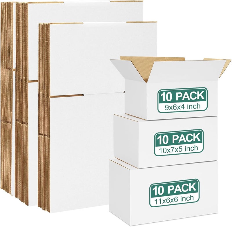 Eupako 30 Pack Small Shipping Boxes Assorted Sizes, White Corrugated Box Mailers, 9x6x4 & 10x7x5 & 11x6x6 10 PCS Each Small Boxes, Cardboard Boxes for Packaging Small Business, Mailing - Image 1